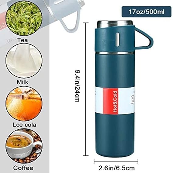 Stainless Steel Vacuum Flask Set with 3 Steel Cups